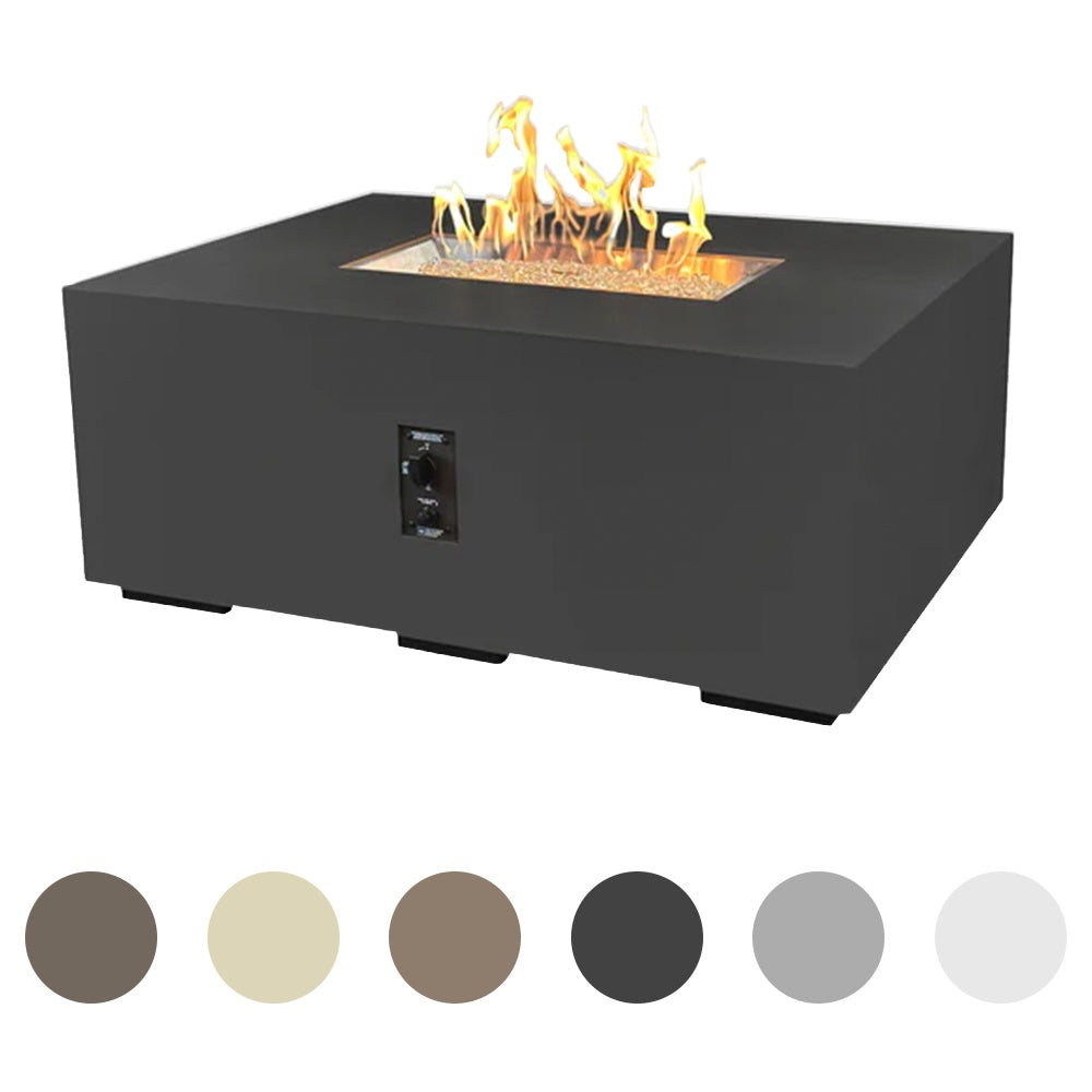 Outdoor linear gas fire pit table, dark gray/black with glass fire panel and flame