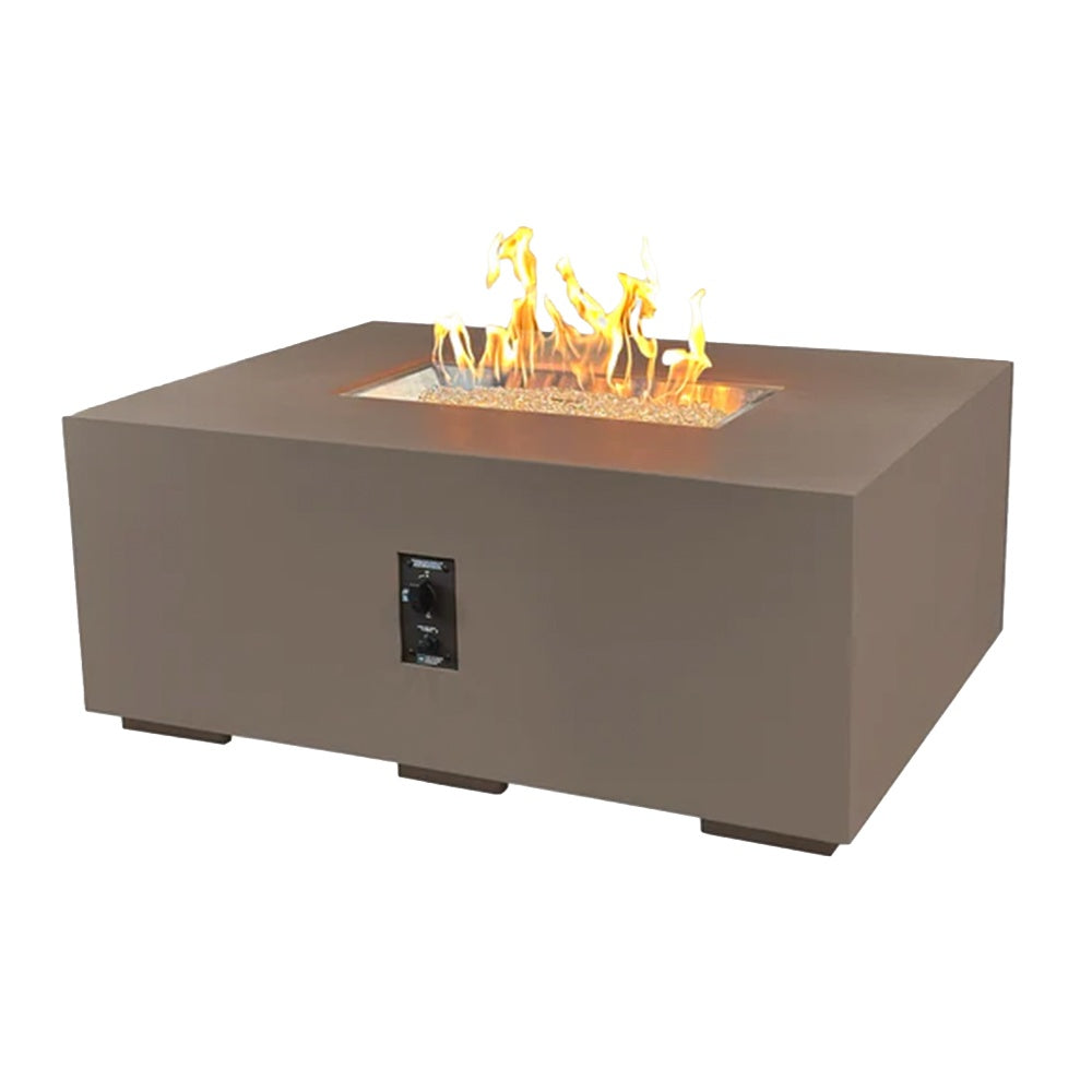 Outdoor linear gas fire pit table in warm gray/brown with flame visible in top panel
