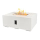 Linear gas fire pit table with flame, light stone finish, side control panel