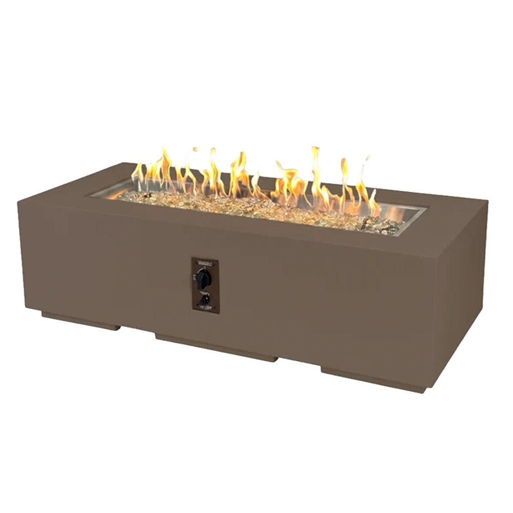 Latte brown cove linear gas fire pit table with rectangular glass firebox and visible flames