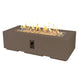 Latte brown cove linear gas fire pit table with rectangular glass firebox and visible flames