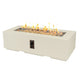 Linen-colored cove linear gas fire pit table with rectangular glass firebox and visible flames