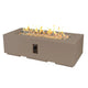 Earth-tone cove linear gas fire pit table with rectangular glass firebox and visible flames