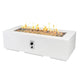 White cove linear gas fire pit table with rectangular glass firebox and visible flames