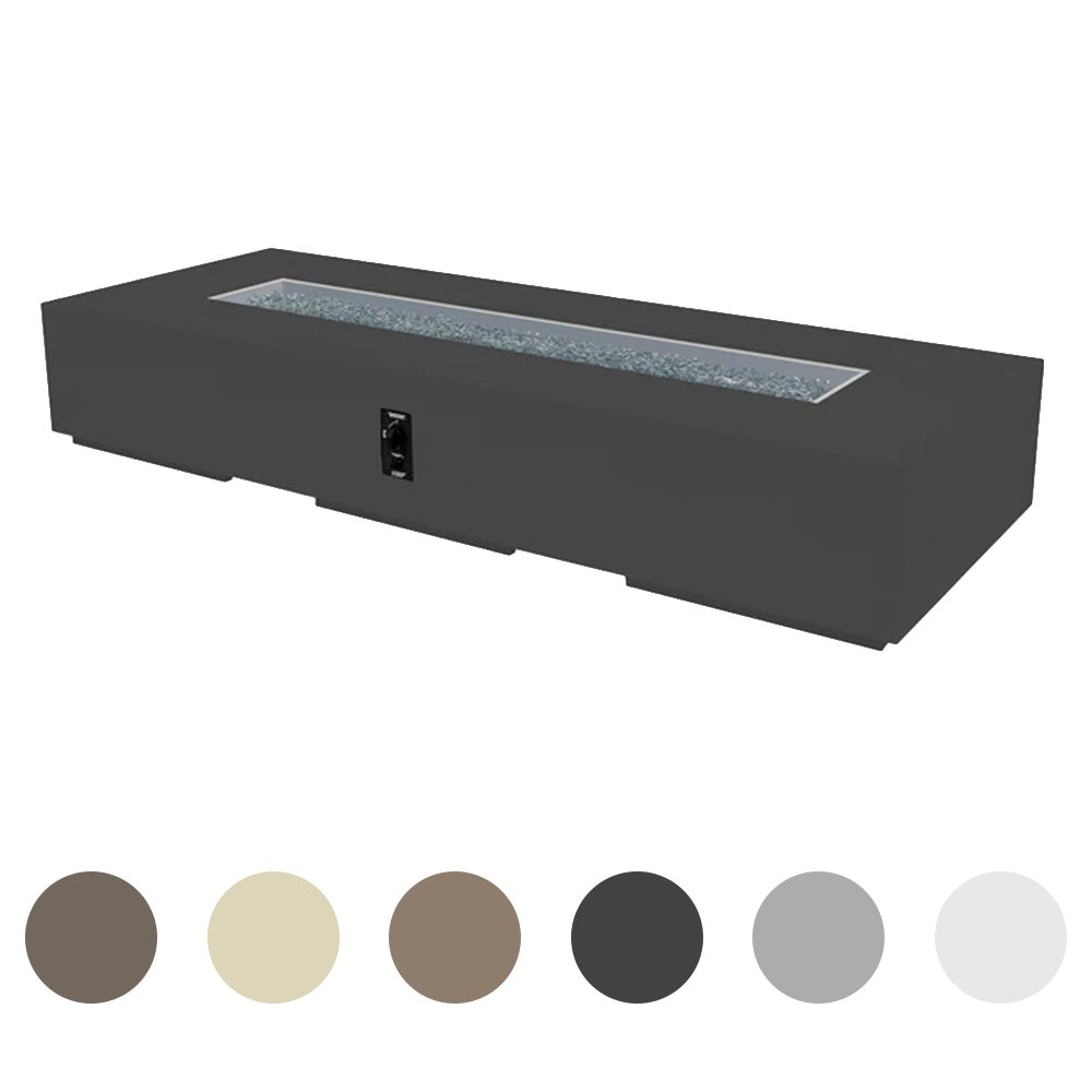 Linear gas fire pit table with rectangular glass burner, dark gray finish