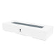 White linear gas fire pit table with rectangular burner insert and control panel.