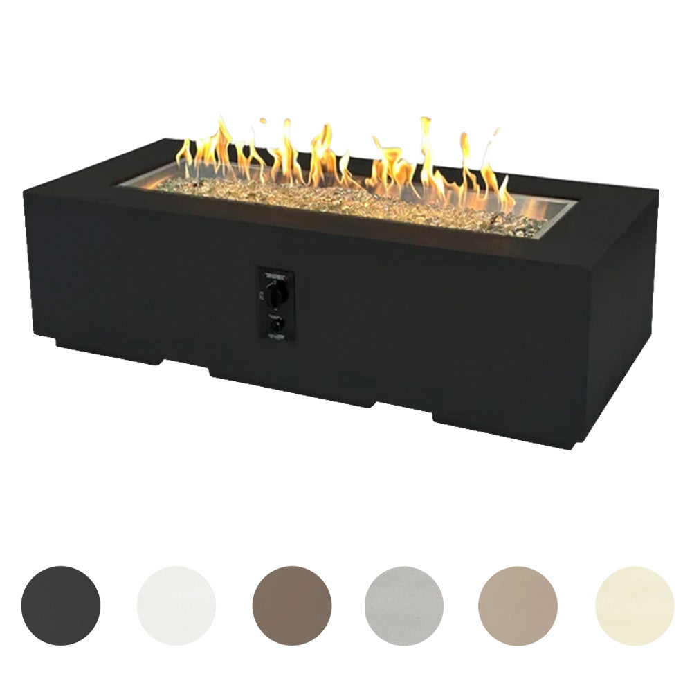Black cove linear gas fire pit table with flames and bottom row color swatches