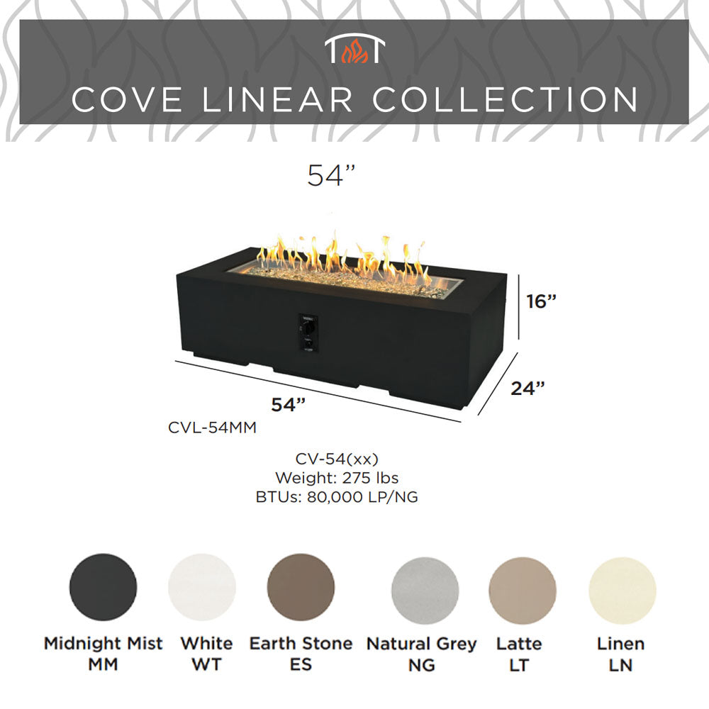 Black cove linear gas fire pit table with flames, dimensions, and color options graphic
