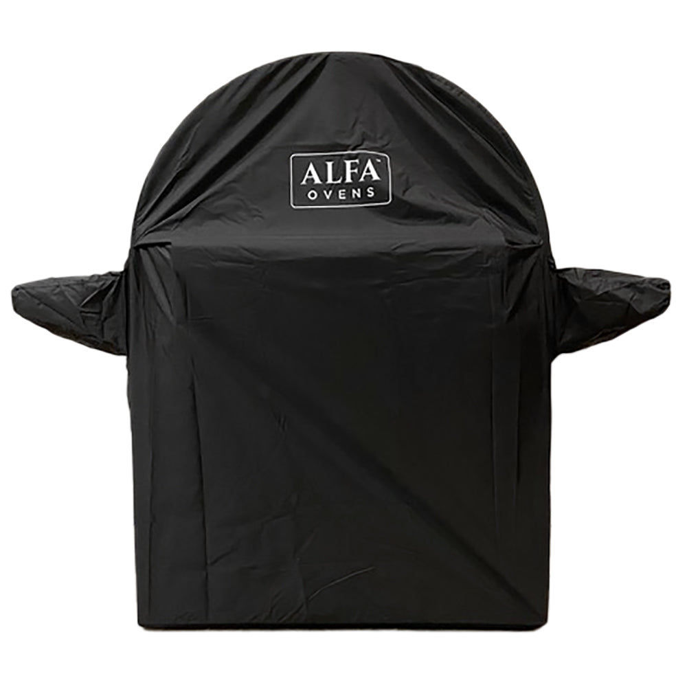 Alfa pizza oven cover with base, black, with ALFA OVENS logo