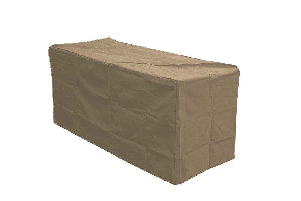Rectangular polyester cover, tan, 50x22 in, fitted over outdoor table