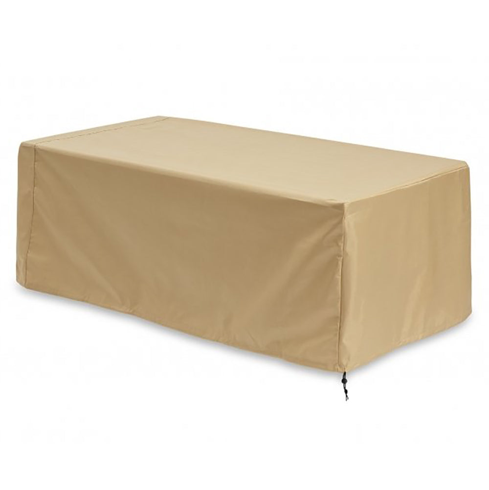 Fire pit table protective cover, tan rectangular fabric with drawstring hem