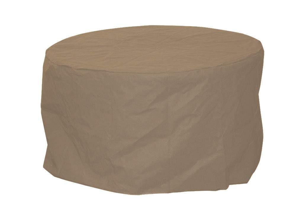 Round outdoor table cover in taupe polyester fabric, fitted drape