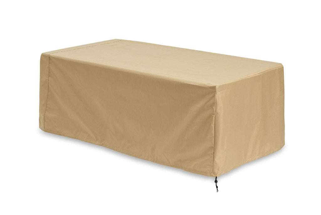 Rectangular polyester outdoor table cover in tan, with drawstring hem