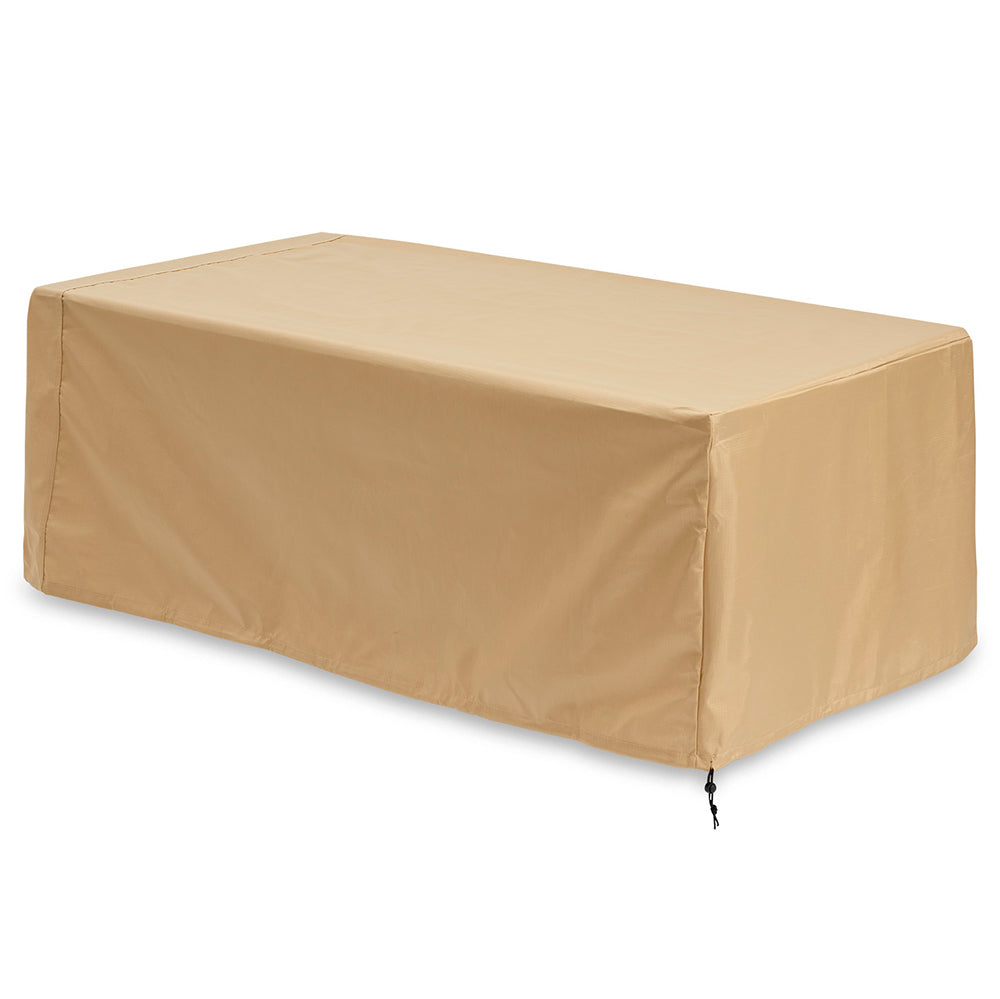 Rectangular polyester cover for outdoor cushions, tan, with drawcord hem.
