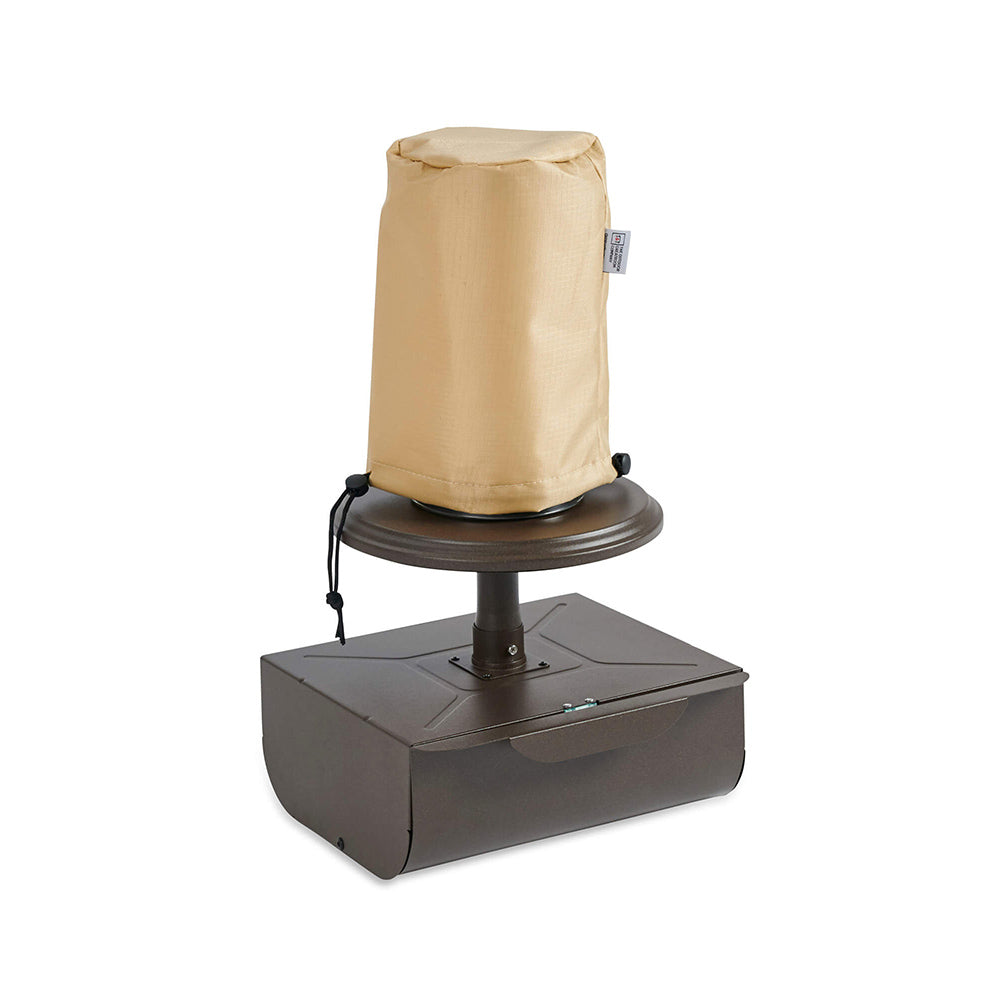 Beige polyester cover with drawstring ties for square base, 5.25 in
