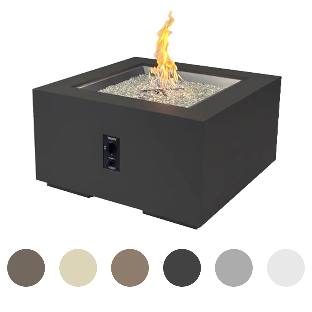 Square gas fire pit table with visible flames and dark gray control panel