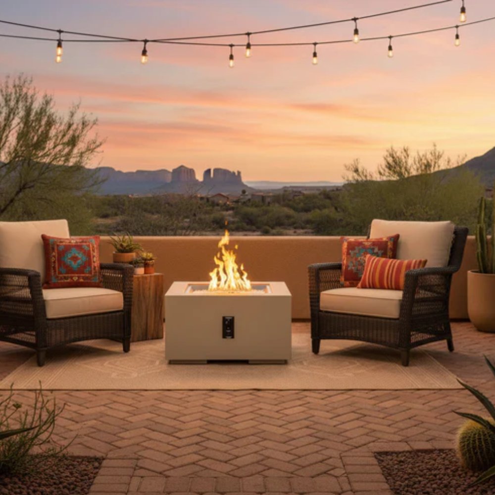 Square gas fire pit table with flames on patio seating arrangement