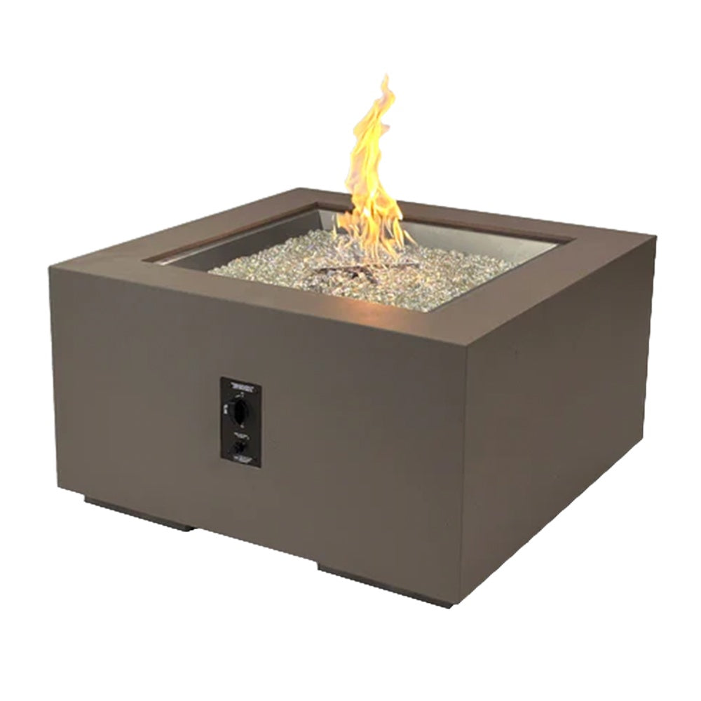 Square gas fire pit table with flame in center and dark control panel