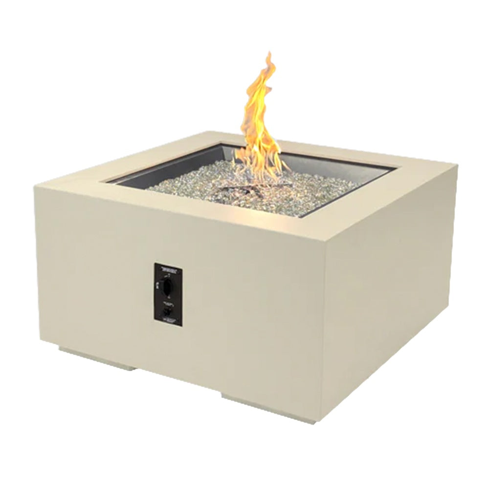 Square gas fire pit table with flames and light beige control panel