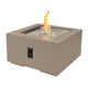 Square gas fire pit table in warm beige with flames, decorative gravel bed, side control.