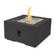 Square gas fire pit table in dark charcoal with visible flames and side control panel.