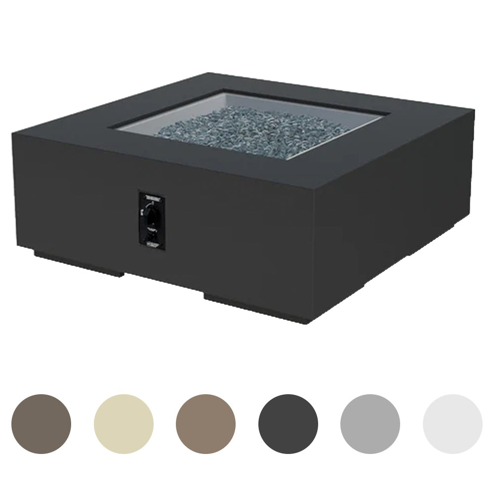 Square gas fire pit table with dark charcoal finish and glass fire bed