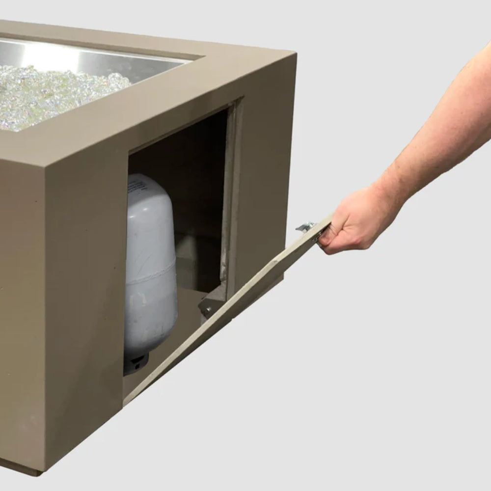 Square gas fire pit table open access panel with propane tank inside