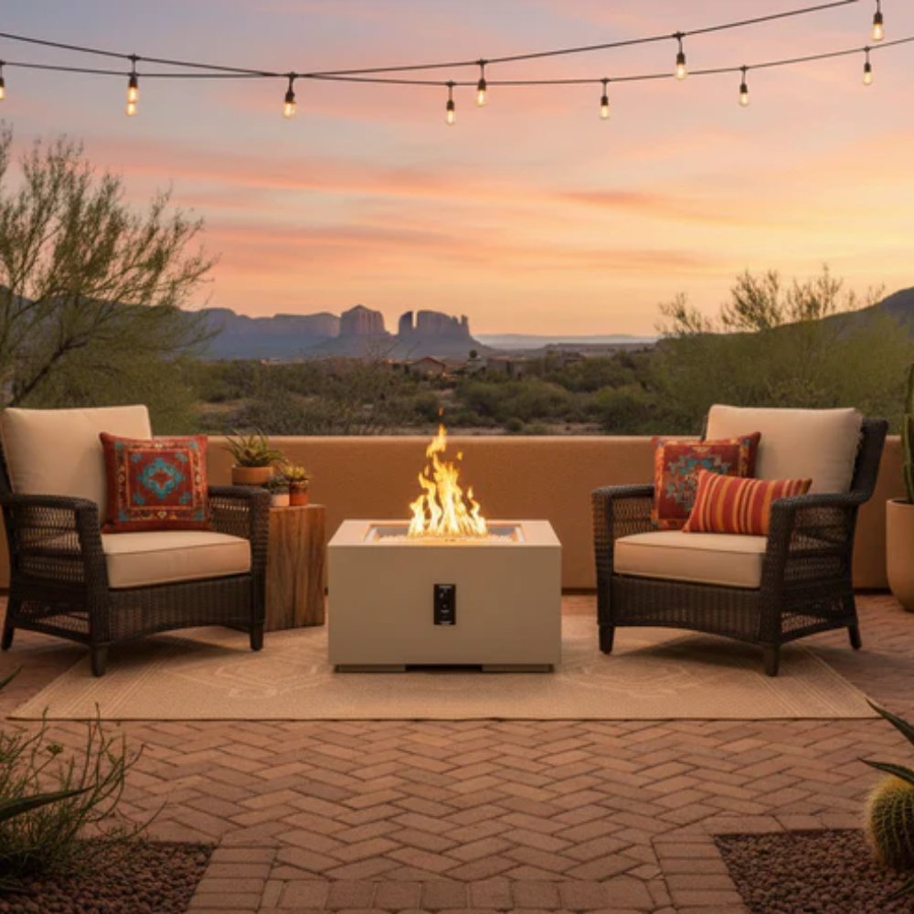 Square gas fire pit table with visible flames in a rectangular fire bowl