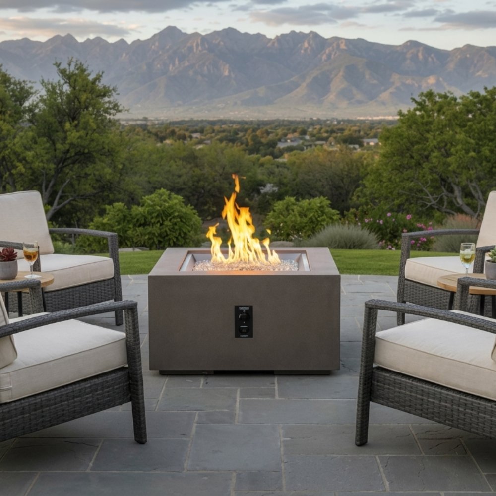 Square gas fire pit table with flames centered in the fire bowl