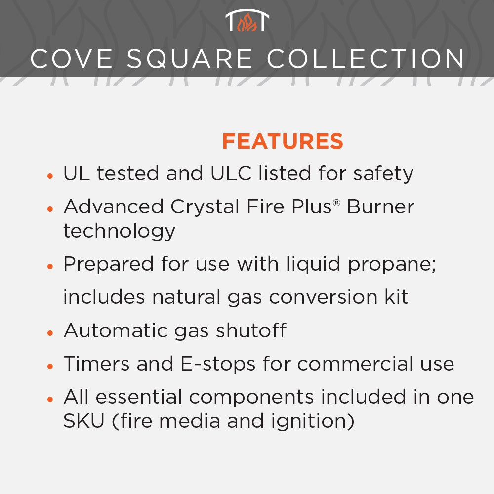 Cove Square Collection features graphic with UL safety and burner technology bullets