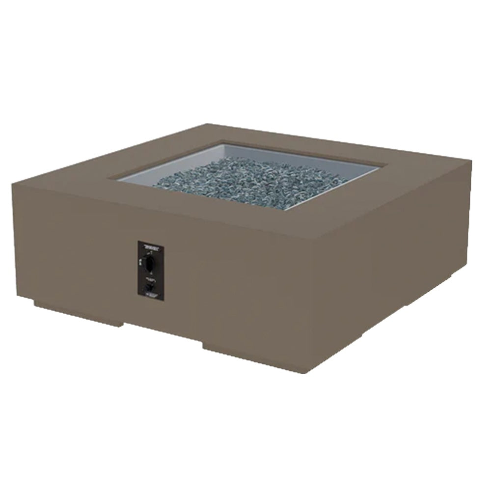 Square gas fire pit table in taupe finish with glass fire bed
