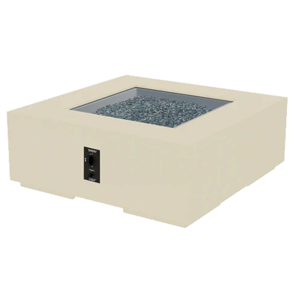 Square gas fire pit table in light beige finish with glass fire bed