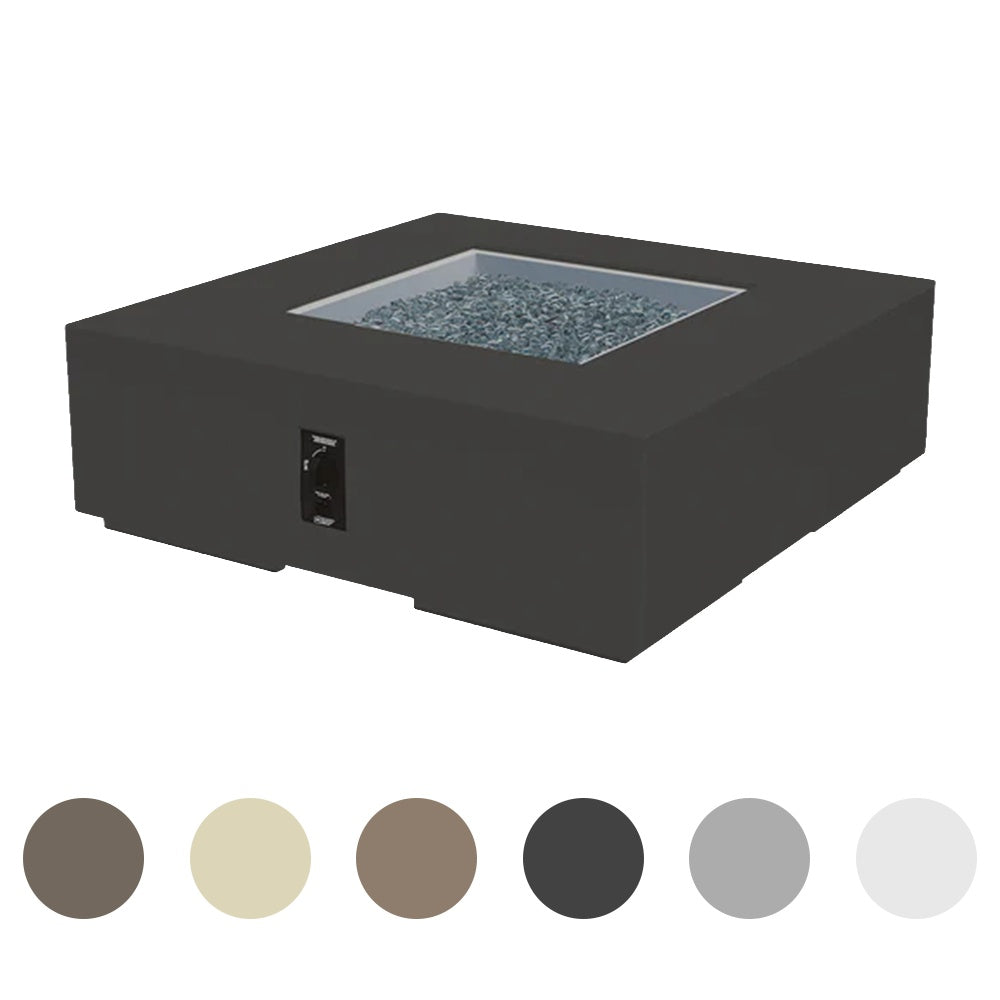 Square gas fire pit table in dark charcoal with open burner tray and front control panel