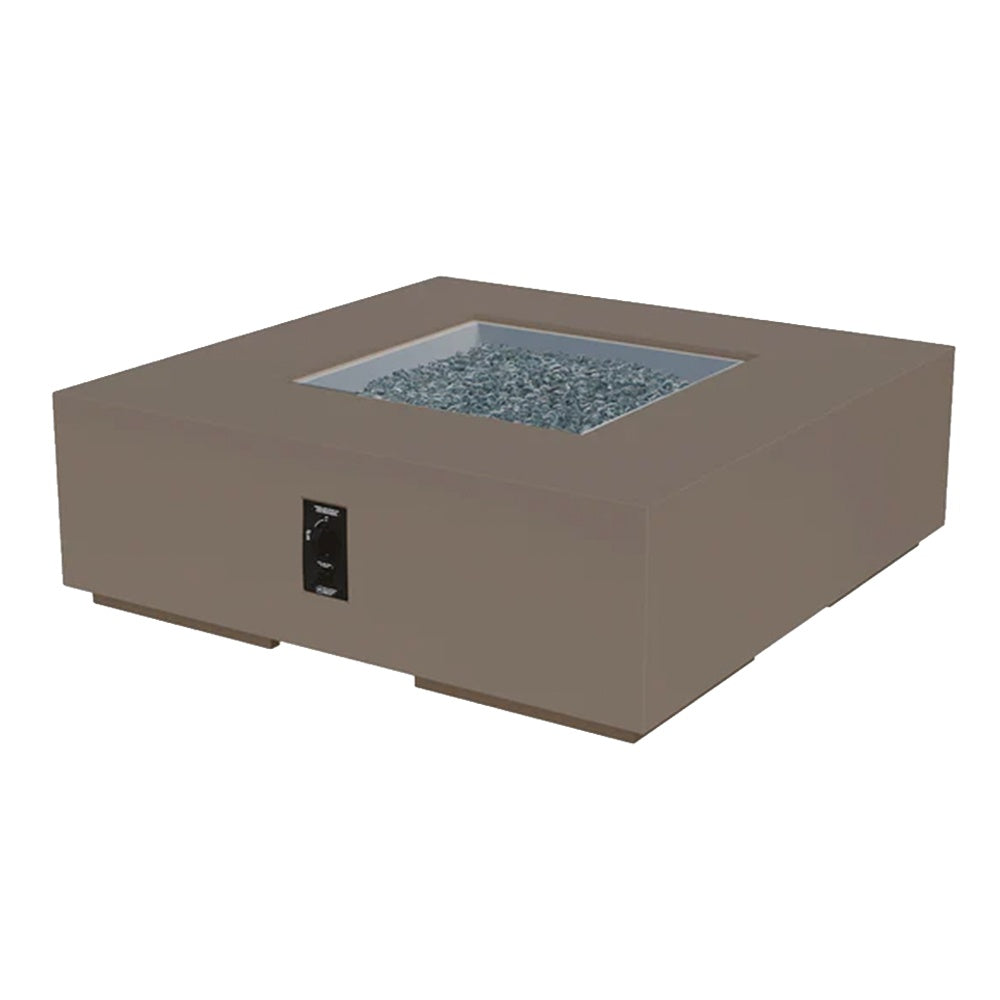 Square gas fire pit table in taupe/brown with open burner tray and front control panel