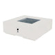 Square gas fire pit table with burner insert and front control knobs, light grey
