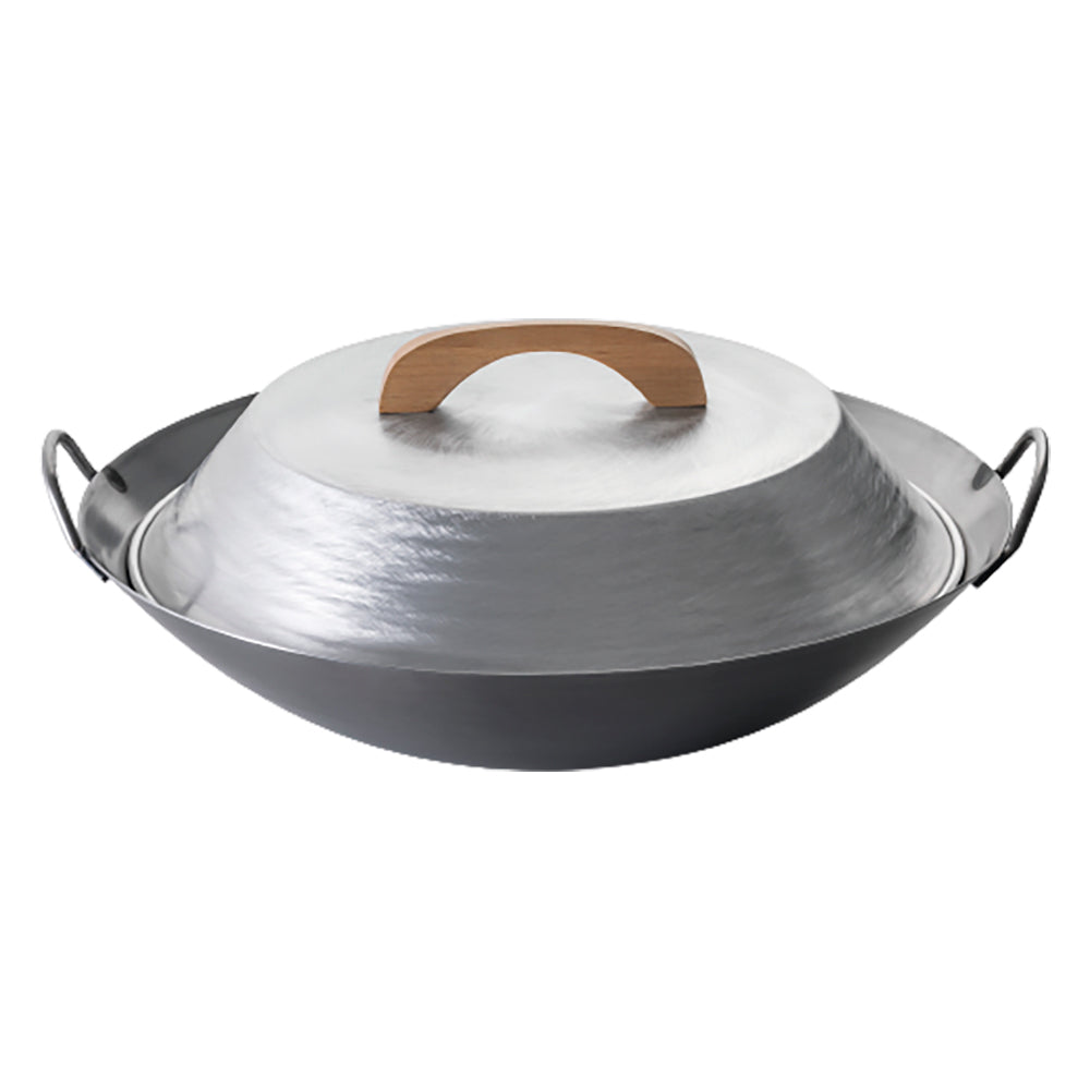 Stainless steel commercial wok with lid, dark interior, two side loop handles