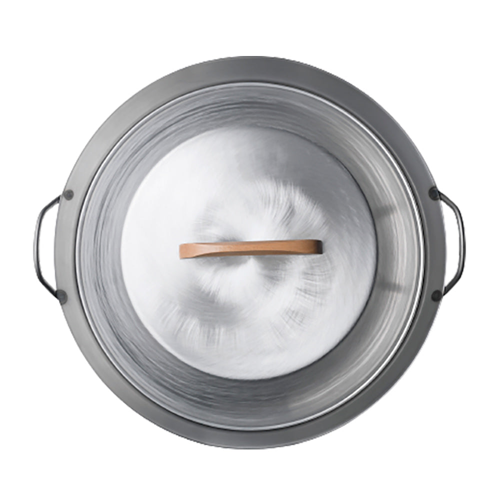 Stainless steel wok with lid, copper-toned handle, two loop handles