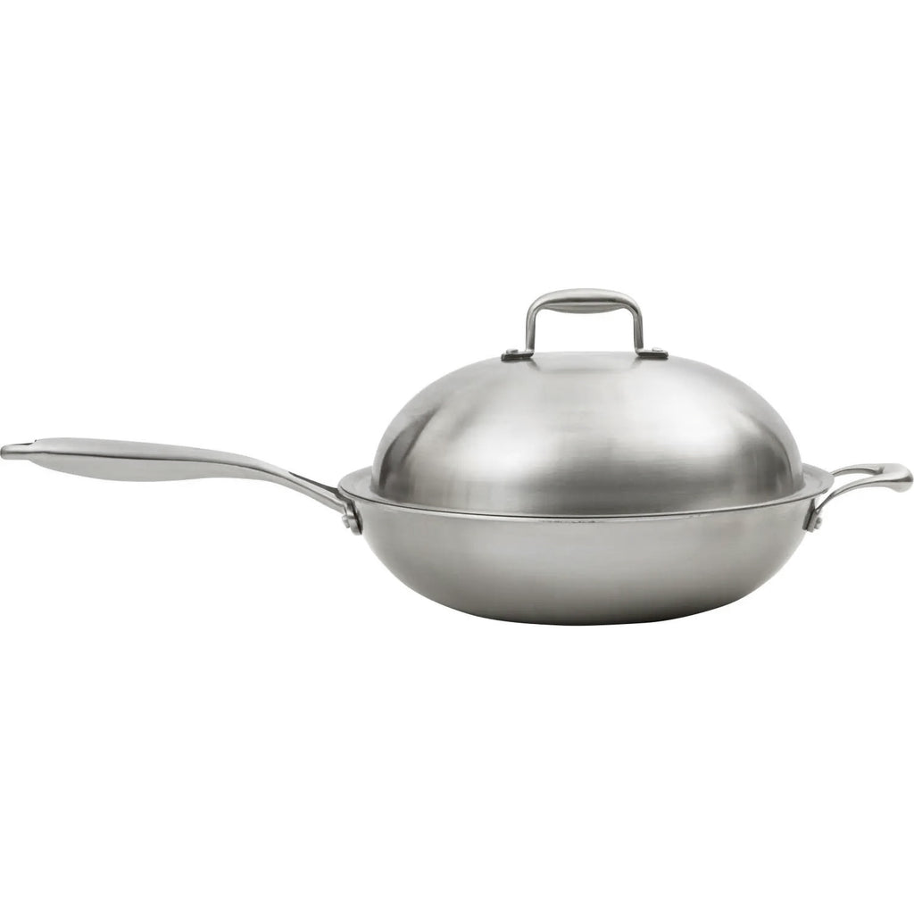 Stainless steel wok with domed lid and side handles for power burner