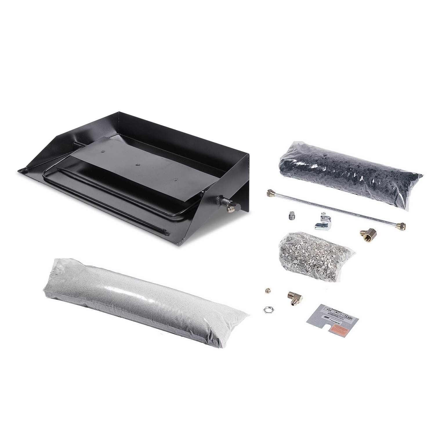 Vented fireplace burner kit with black burner pan, metal inserts, and mounting hardware
