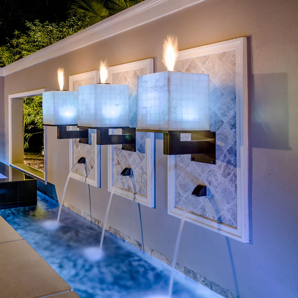 Square white quartz wall-mounted candelabras, black brackets, multiple flames