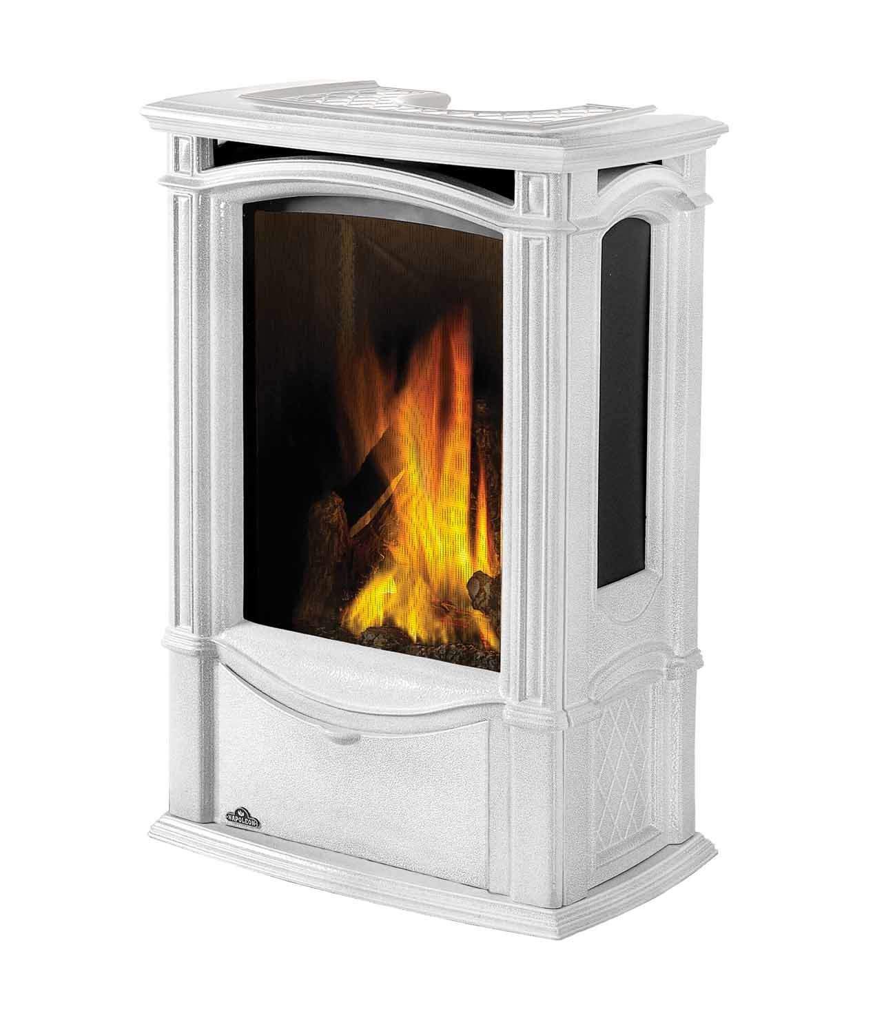 White direct vent gas stove with arched glass door showing flames
