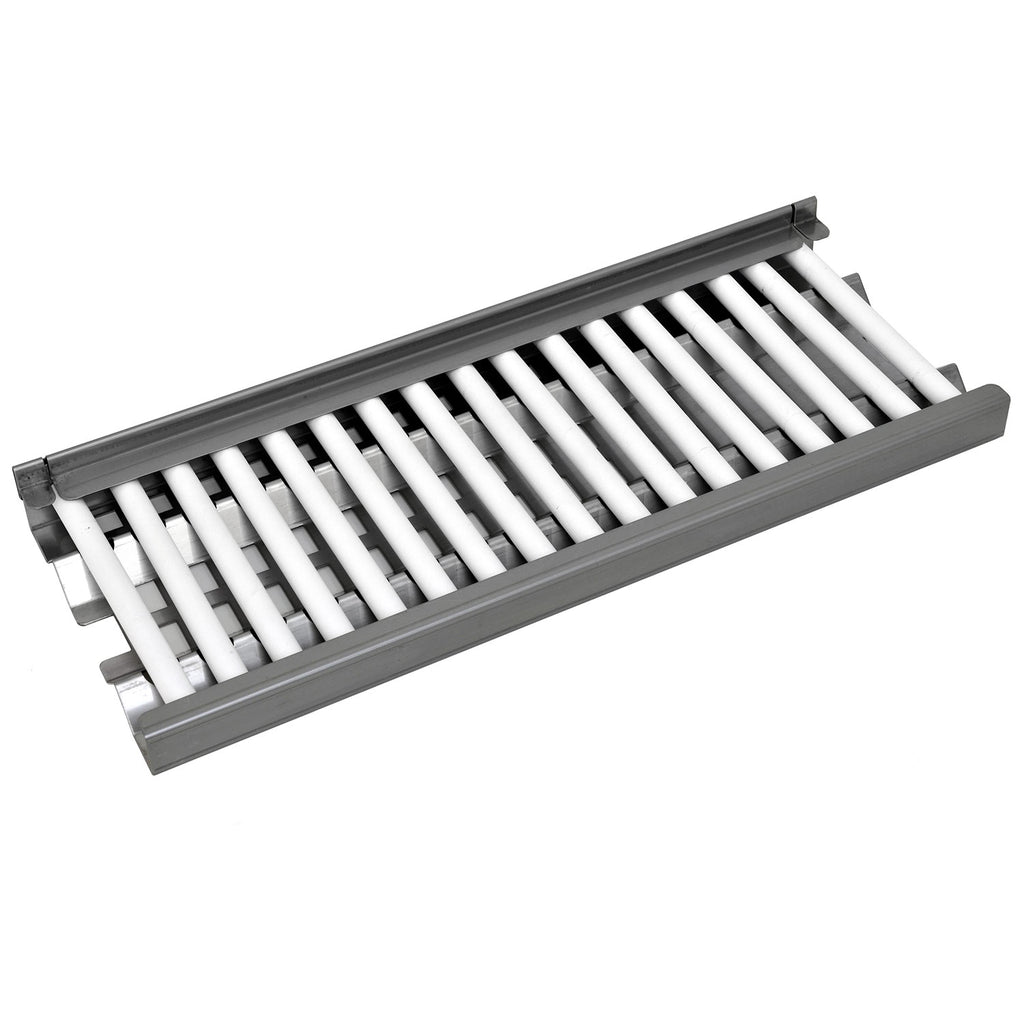 Ceramic heat tube heater with flame tray, gray base and white tubes