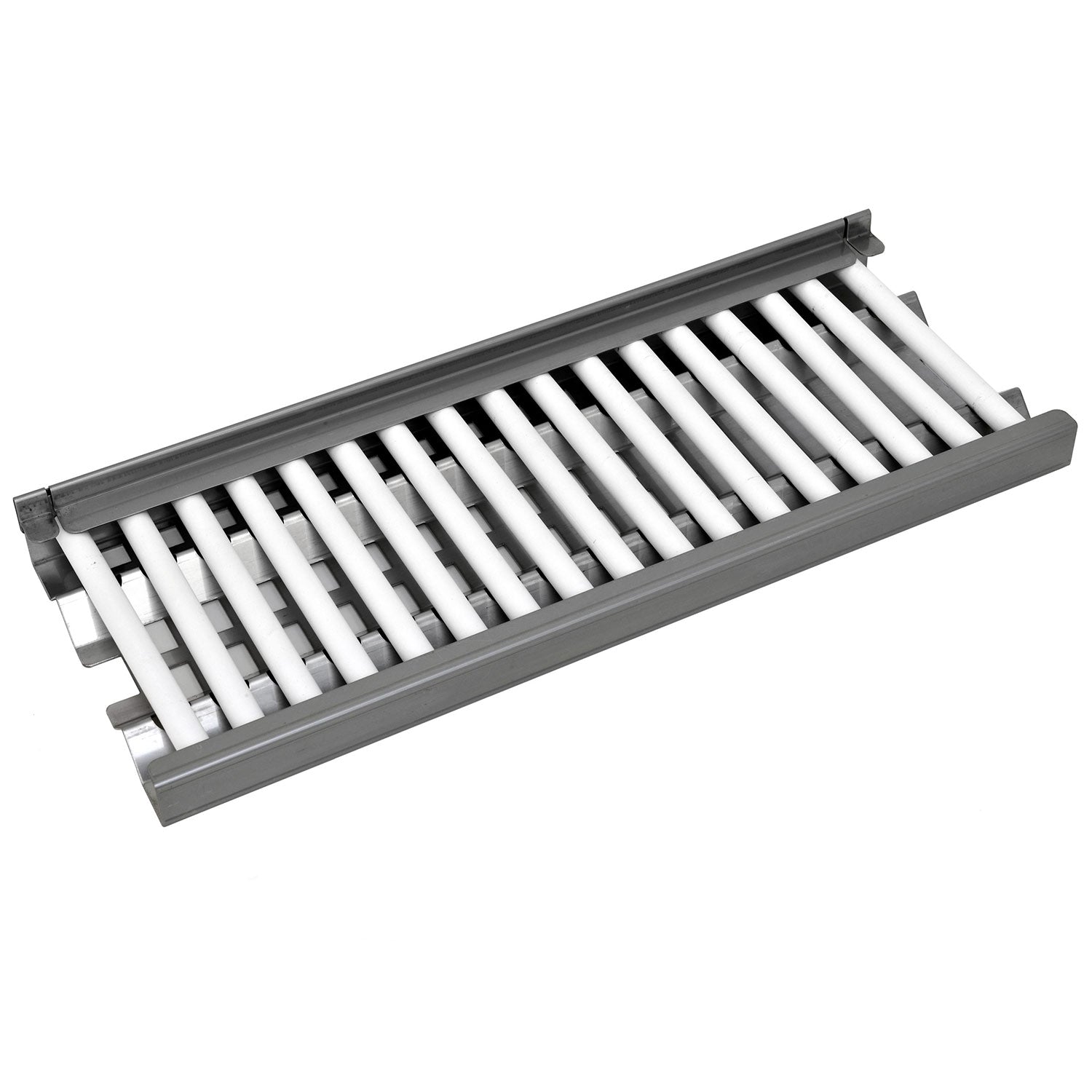 Ceramic heat tube heater with flame tray, gray base and white tubes