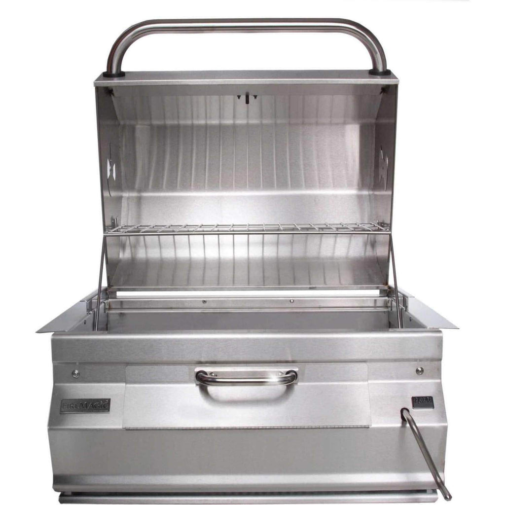 Built-in charcoal grill smoker oven, open hood with stainless interior racks