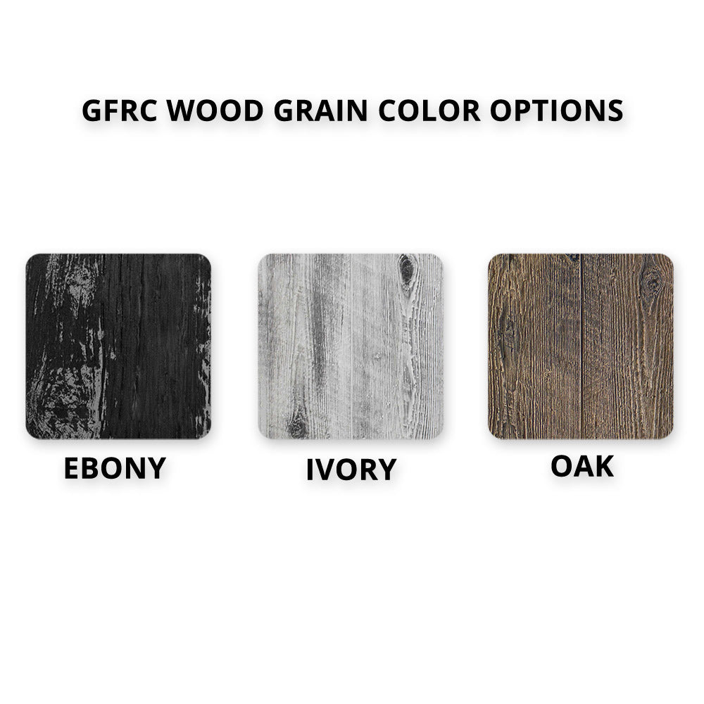 Wood grain color swatches: Ebony, Ivory, Oak for concrete gas fire pit