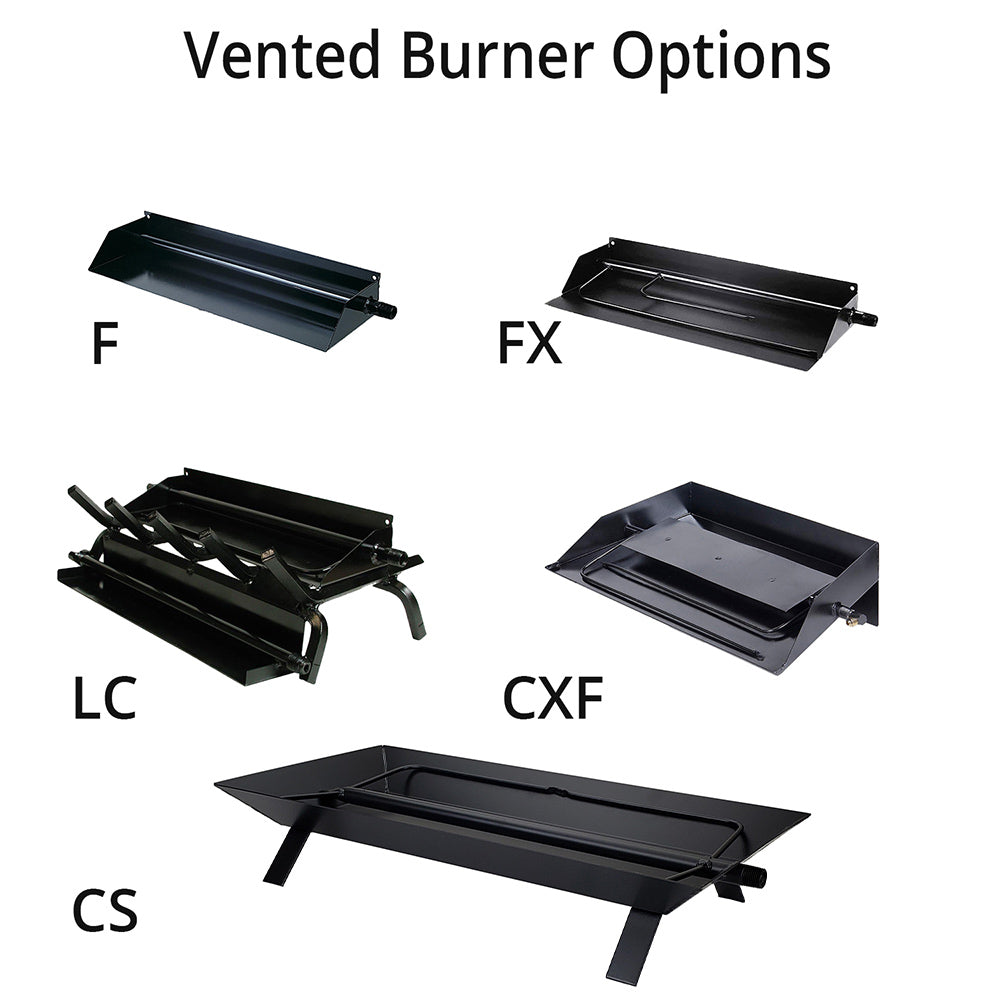Vented burner options tray and base components in black metal