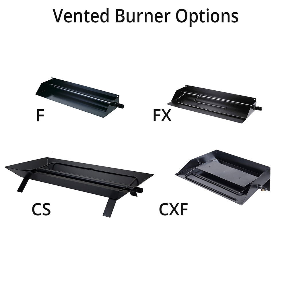 Vented fireplace burner options with four black burner trays on white background