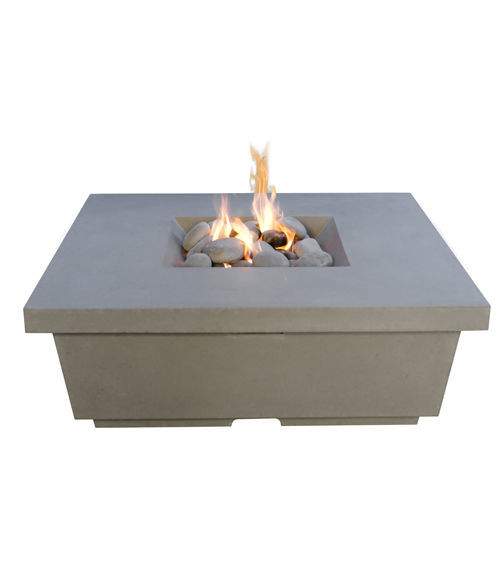 Square GFRC chat fire table with lit flame and gray stone fire bed
