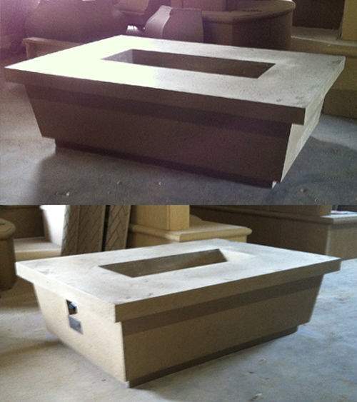Rectangle fire pit table with gray GFRC body and rectangular top opening for flames