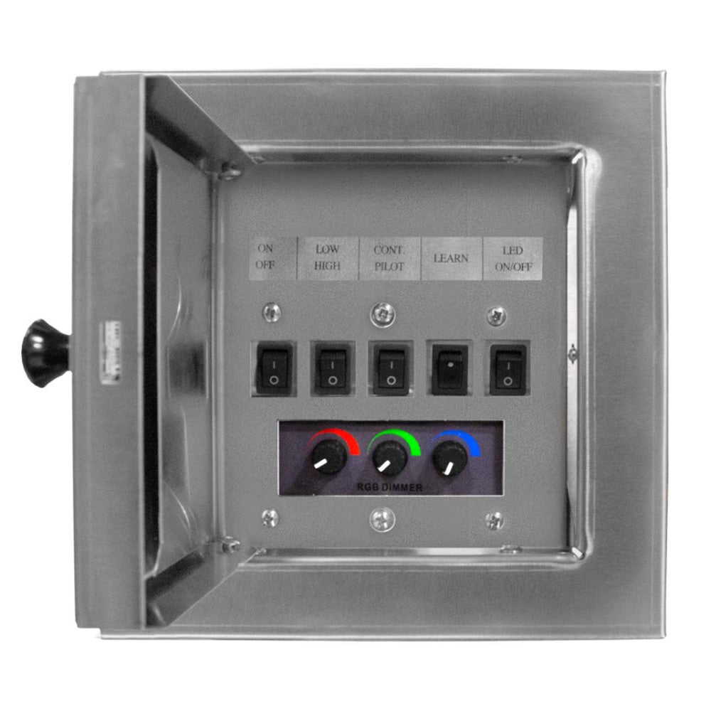 Stainless steel control box for an outdoor linear gas fireplace with switches and dials.
